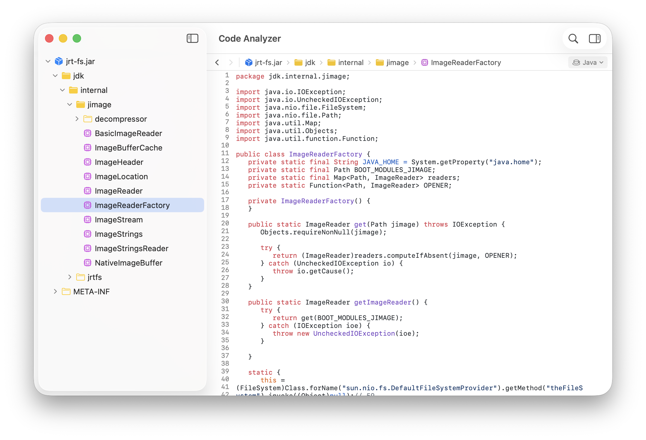 Code Analyzer decompiling an APK to Java source on Mac